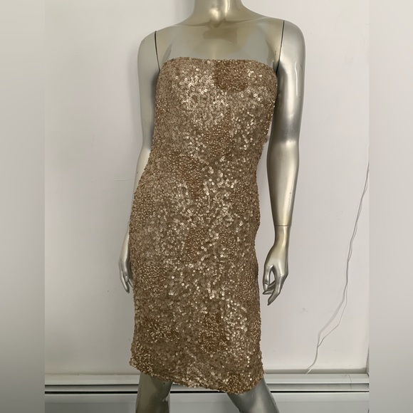 unbranded Dresses & Skirts - Strapless Embellished beaded Gold Sequin Evening Midi Dress Size 6 prom wedding
